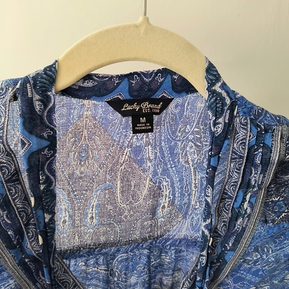 Lucky Brand Womens V-Neck Tie Long Sleeve Printed Peasant Boho Blue Top Size M - Picture 2 of 5